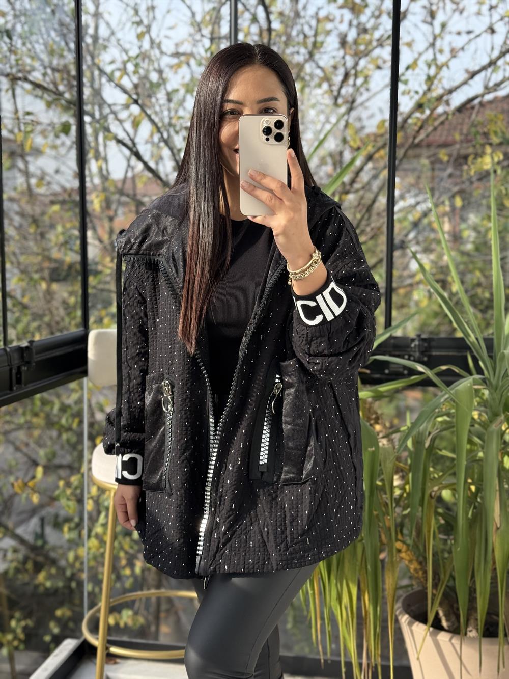 İthal Kalın Fermuarlı Trenç Siyah