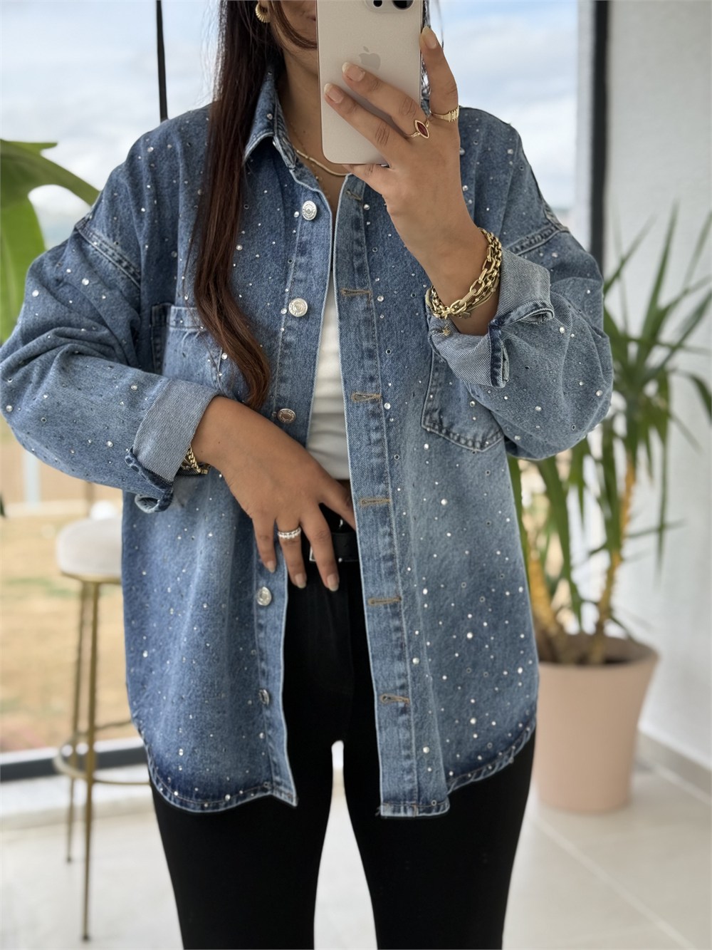 Zra Model Taşlı Denim Gömlek Mavi