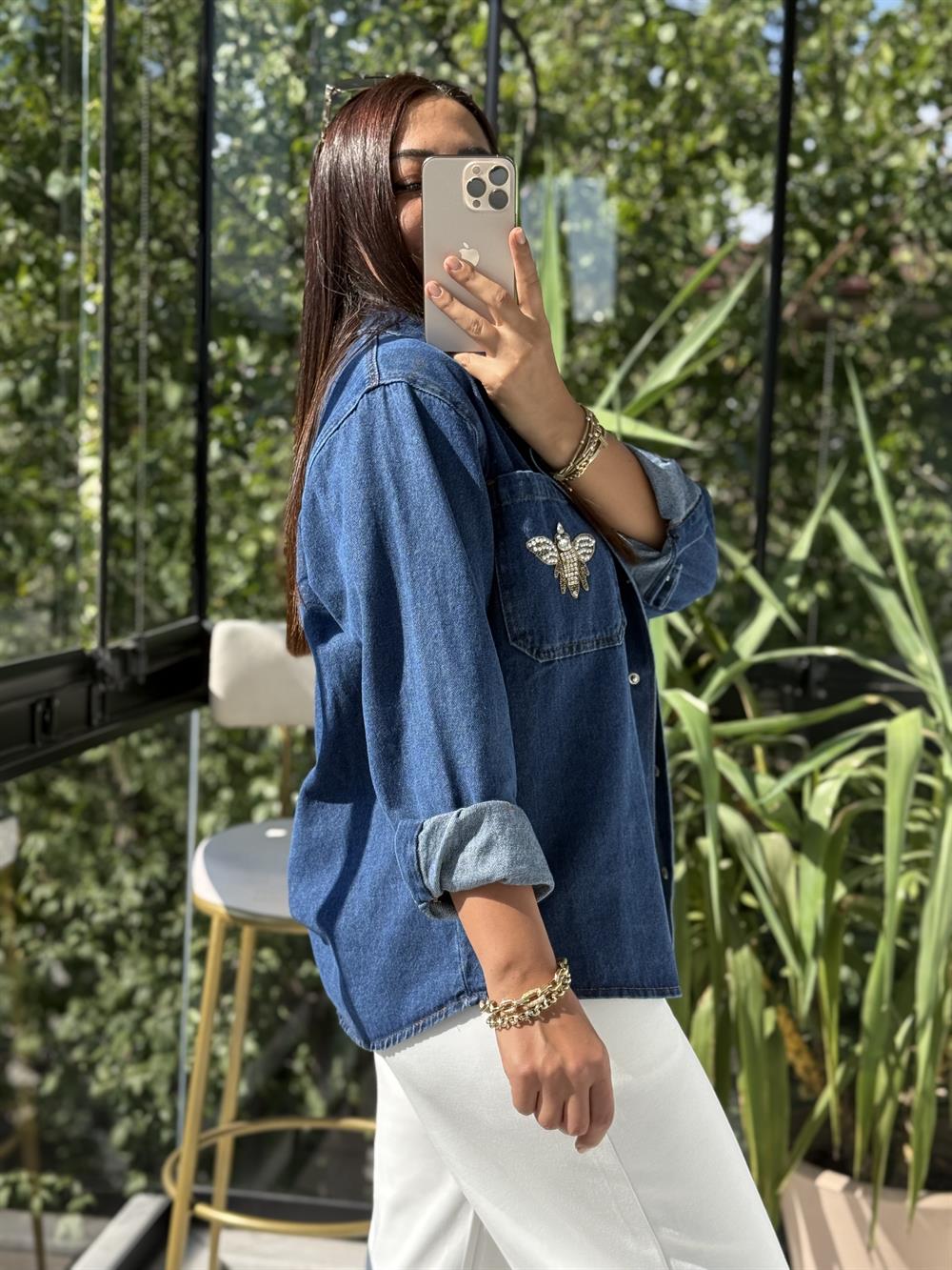 Cebi İşlemeli Baskılı Bymn Gömlek Ceket Mavi