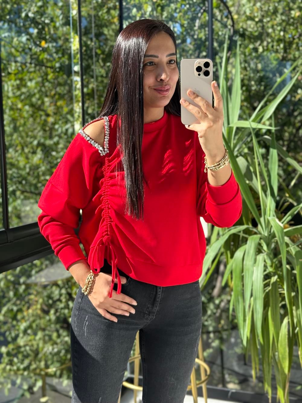 Taş Detay Kordonlu Modal Sweatshirt Kırmızı