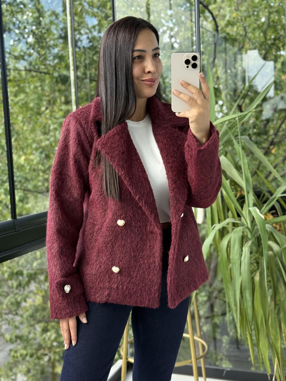 Gold Düğmeli Yün Kaban Ceket Bordo