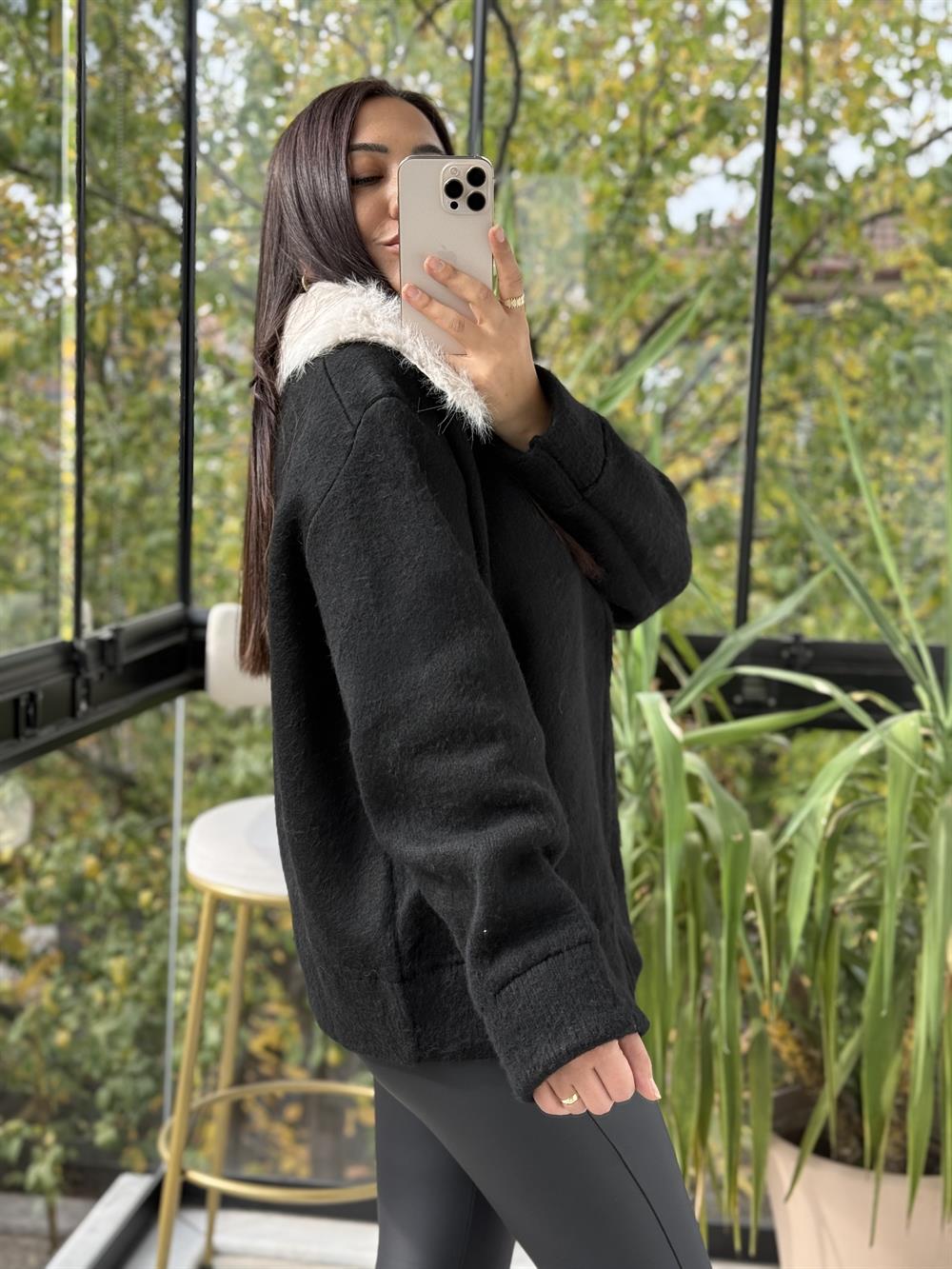 Kürk Yakalı Şardonlu Hırka Siyah