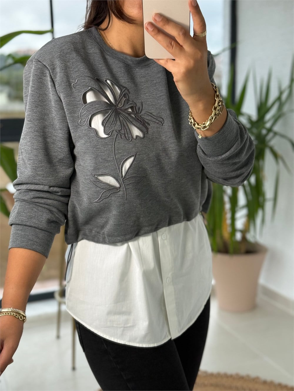 Nakışlı Gömlekli Sweatshirt Gri