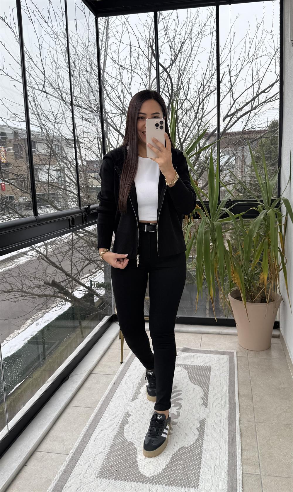 Çift Fermuarlı Kapüşonlu Yumoş Basic Hırka Siyah