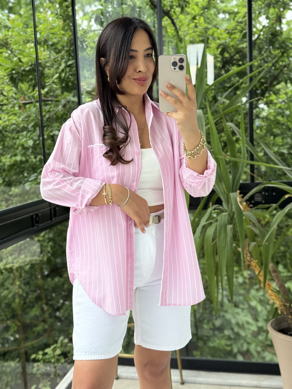 Motif Çizgili Cepli Gömlek Pembe