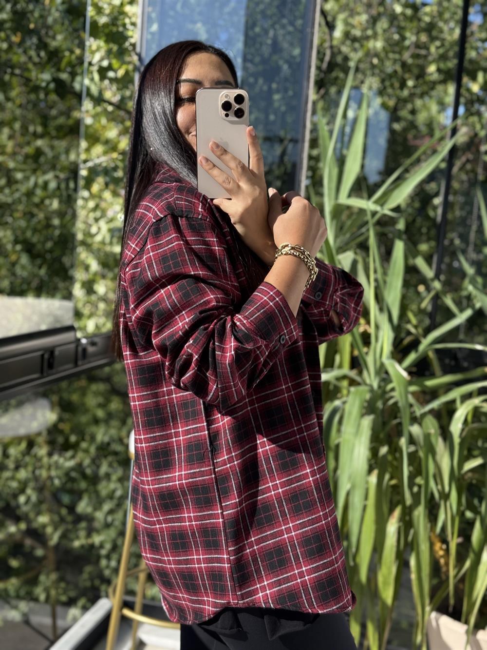 Ekoseli Oversize Gömlek Bordo