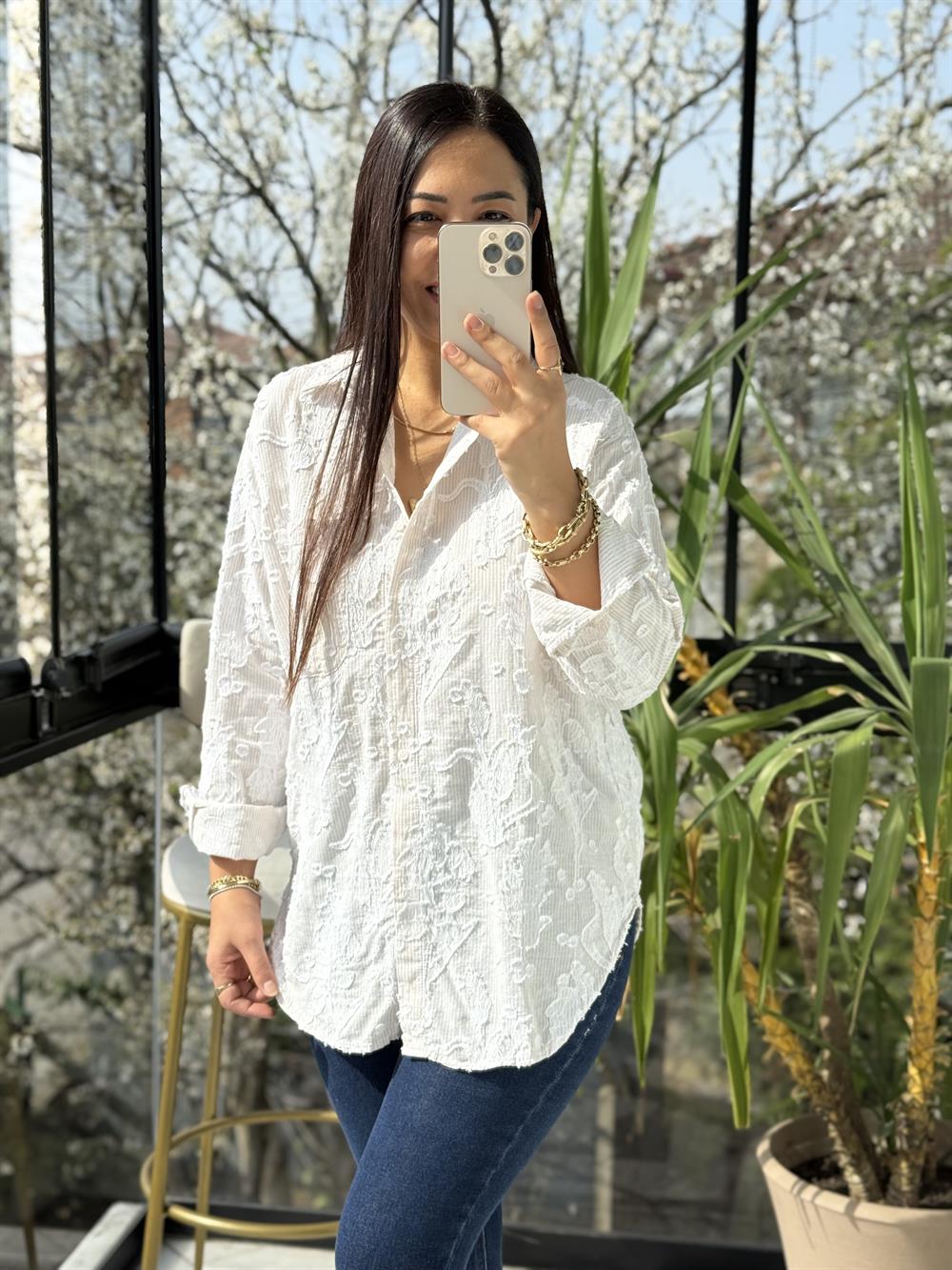 Kabartmalı Çizgili Pamuklu Gömlek Bej