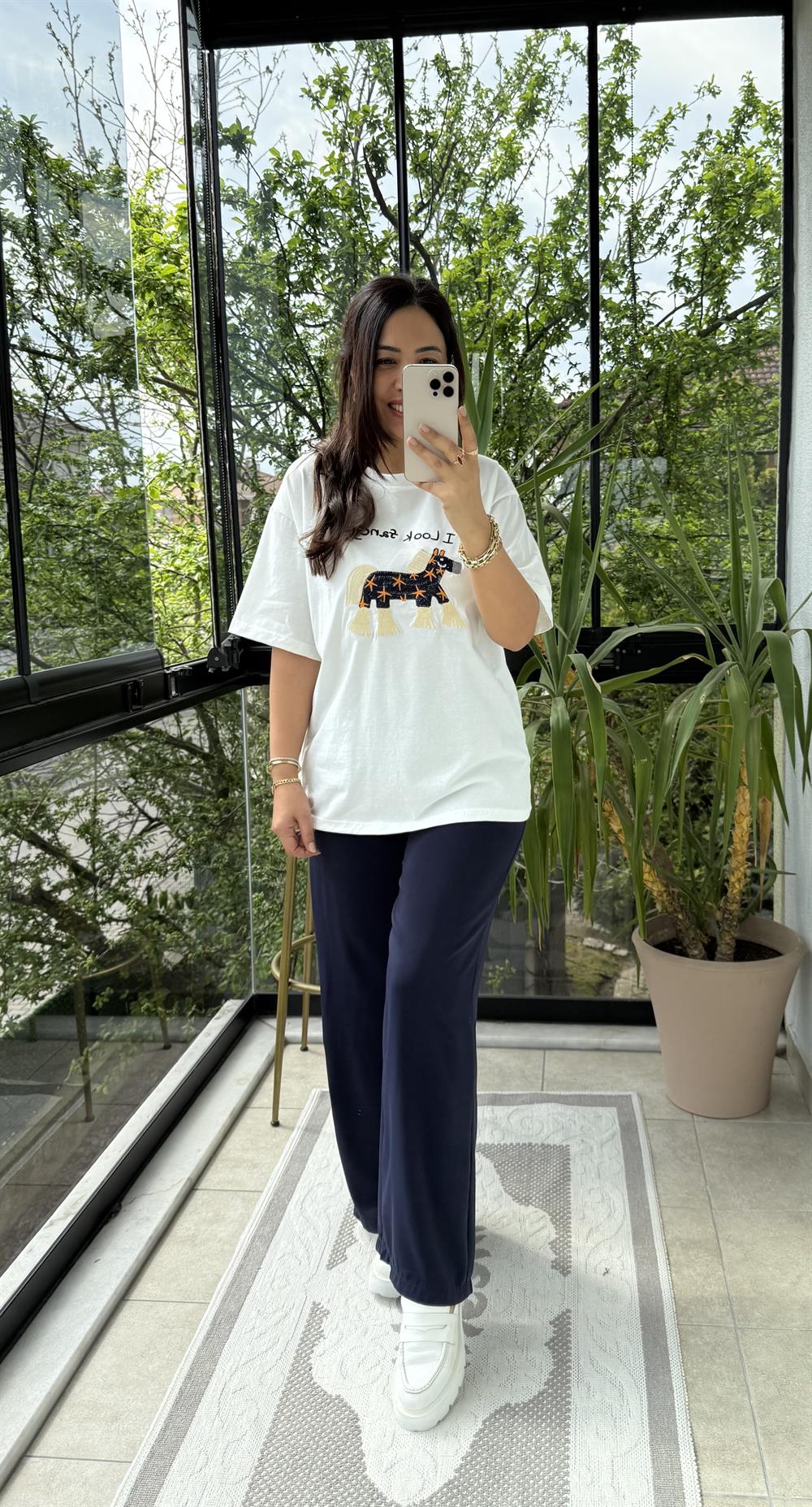 At Nakışlı Pamuklu Tişört Beyaz