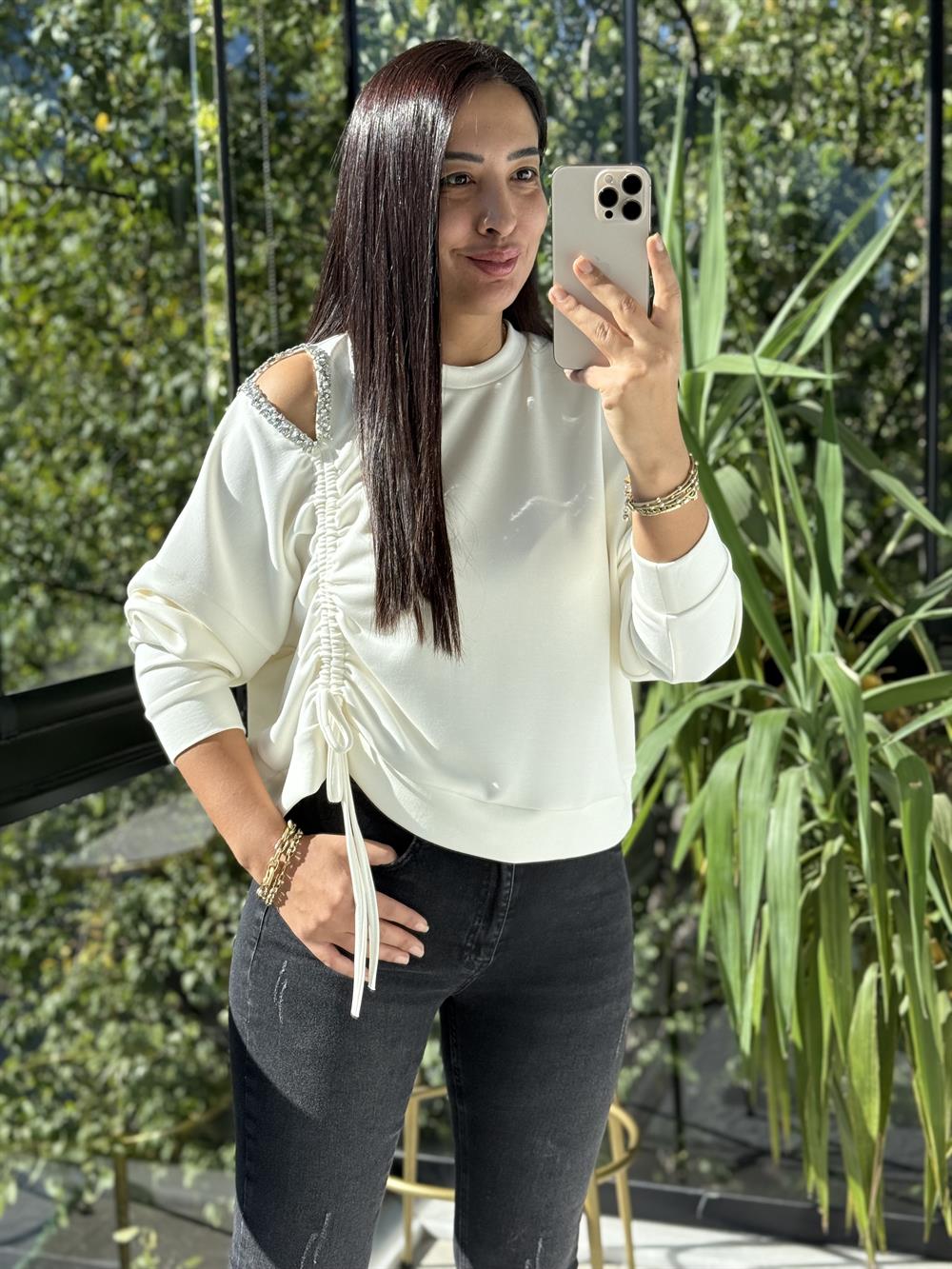 Taş Detay Kordonlu Modal Sweatshirt Ekru