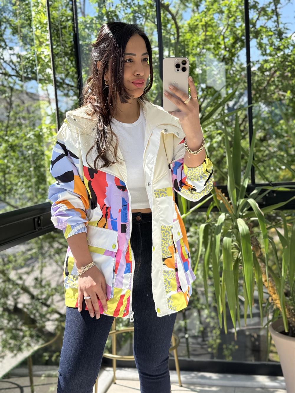 Desen Parçalı Yağmurluk Lila