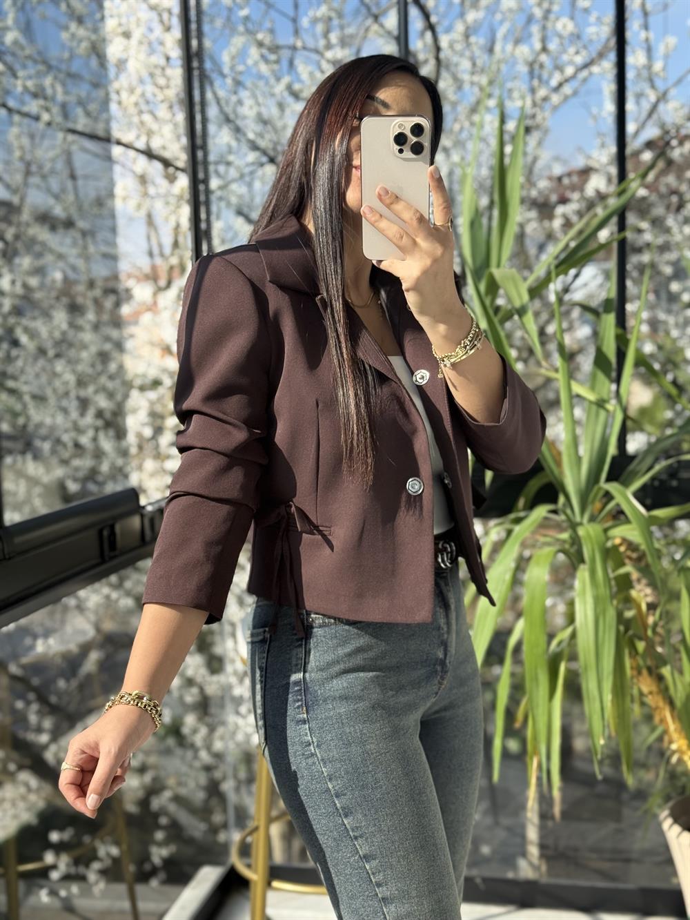 Uzun Kol Fiyonklu Blazer Ceket Kahve