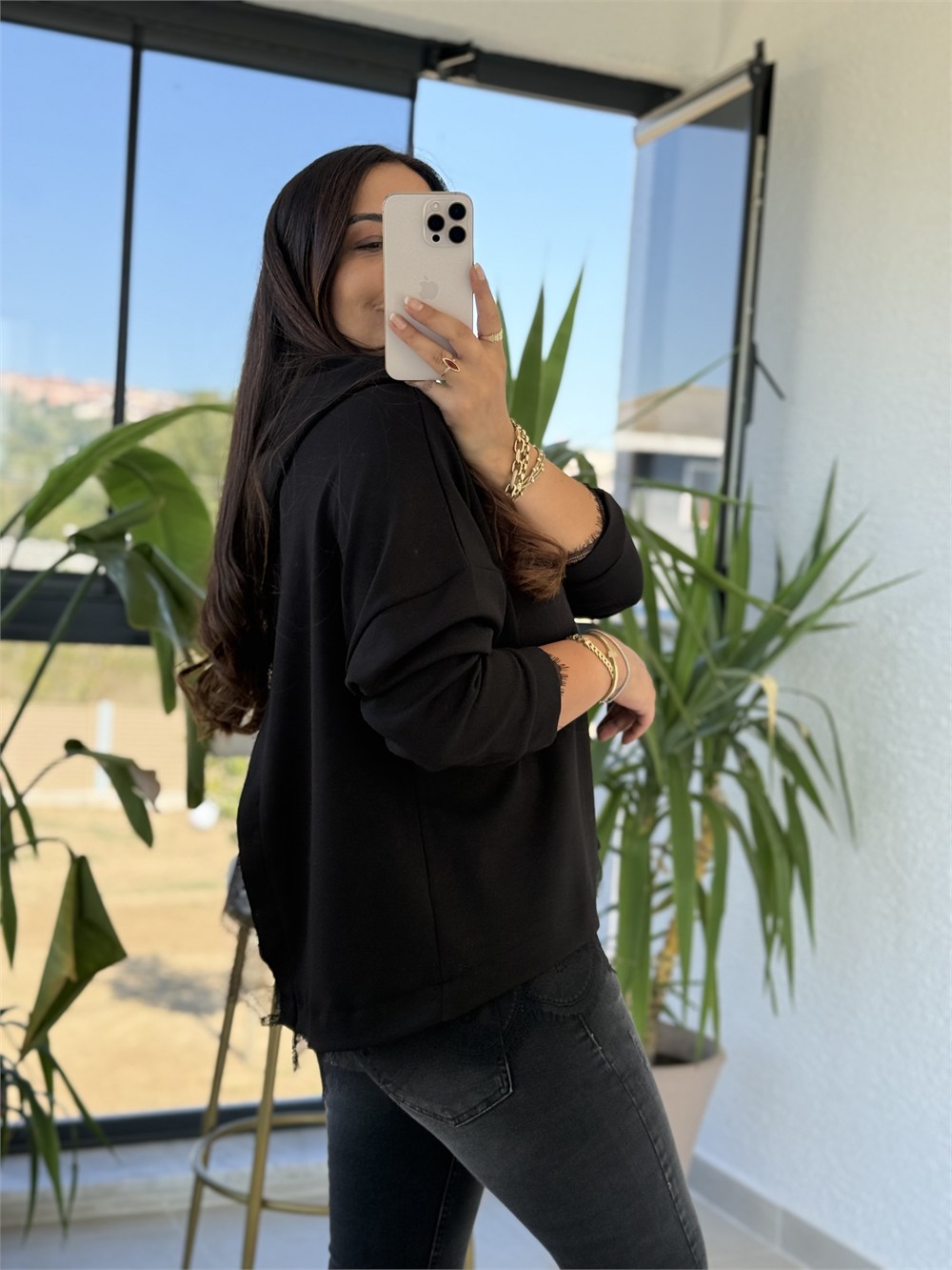 Dantel Detaylı Sweatshirt Siyah