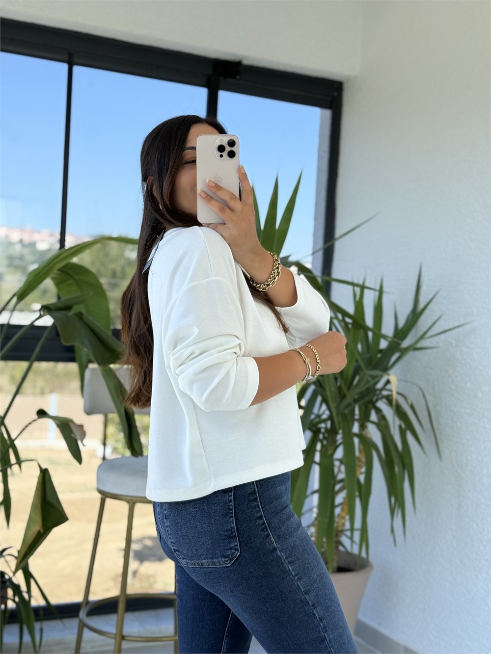 V yaka Oysh Kumaş Bluz Ekru