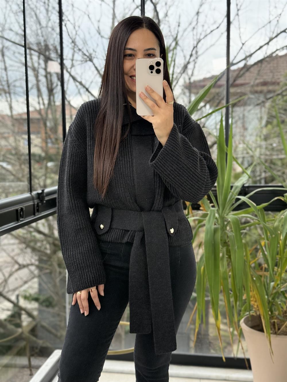 Dilvin Fermuarlı Kemerli Düğmeli Yünlü Triko Hırka Antrasit