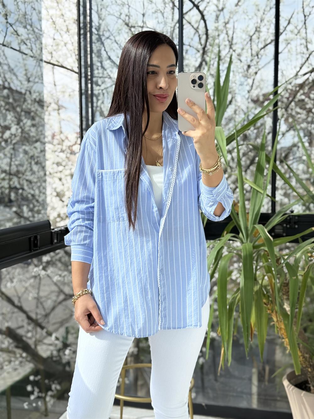 Motif Çizgili Cepli Gömlek Mavi