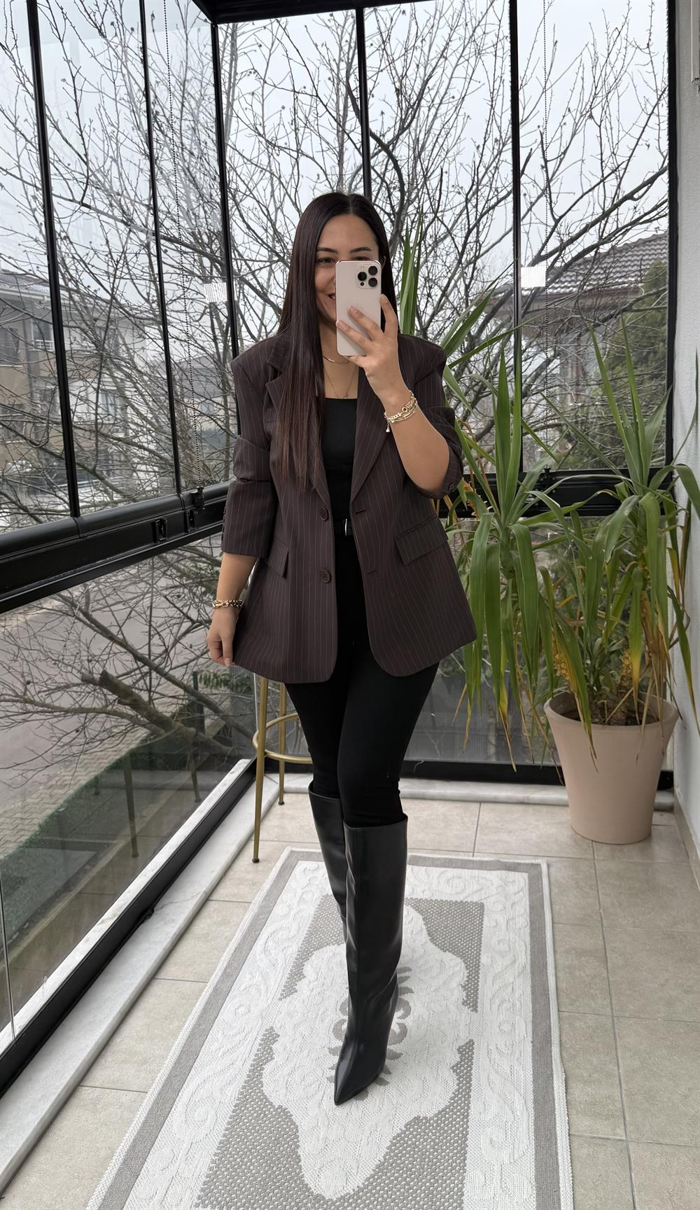 Çizgili Bezayağı Blazer Ceket Kahve