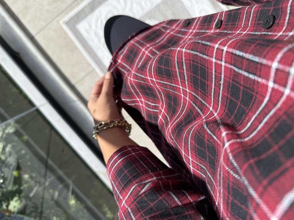 Ekoseli Oversize Gömlek Bordo