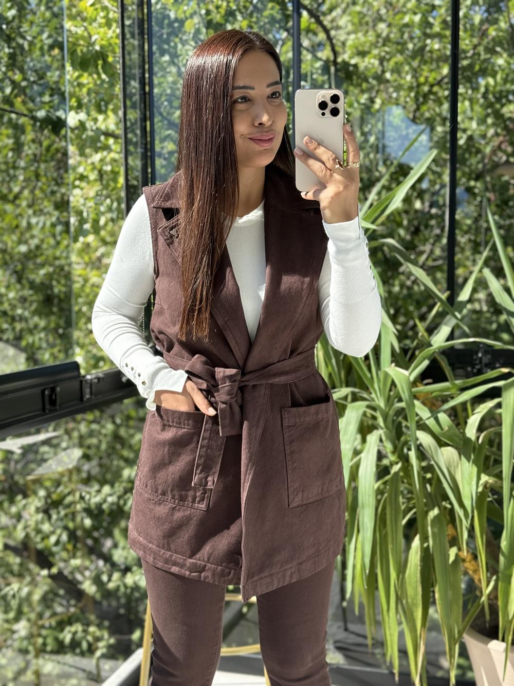 Kuşaklı Kruvaze Yaka Yelek Kahve