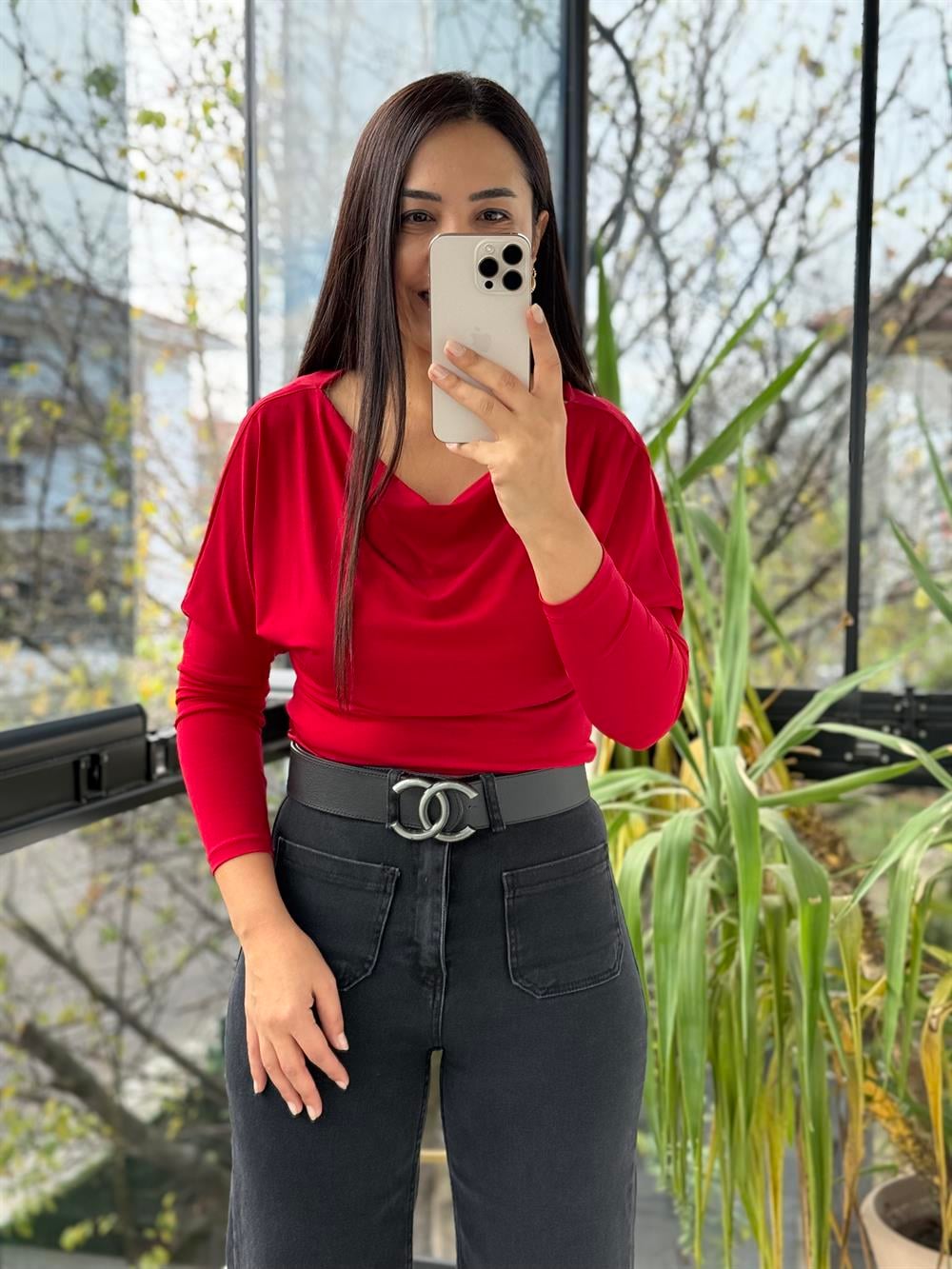 Sandy Kayık Yaka Bluz Kırmızı