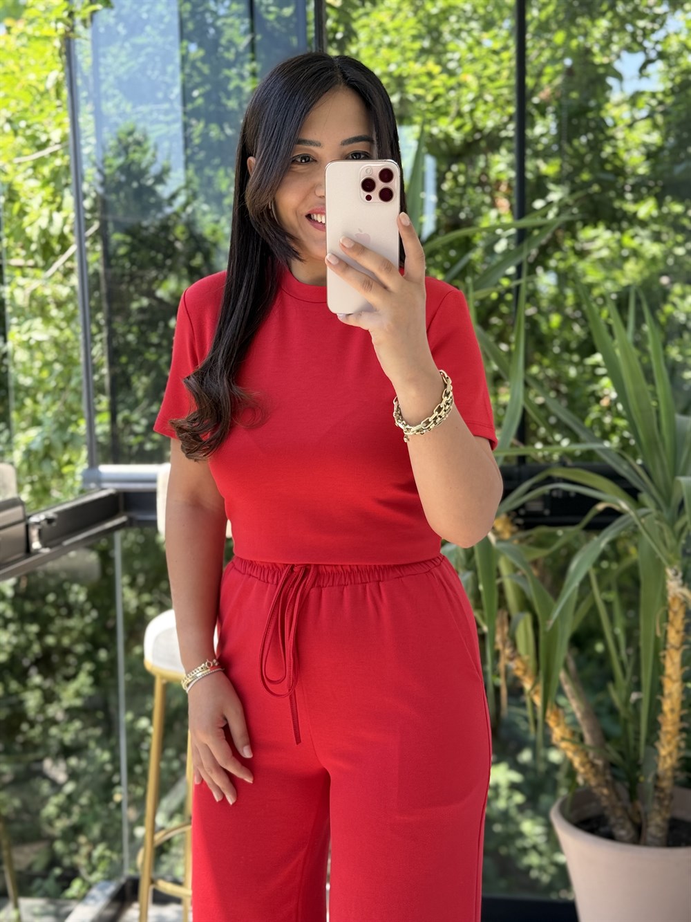 Bisiklet Yaka Crop Tişört Kırmızı