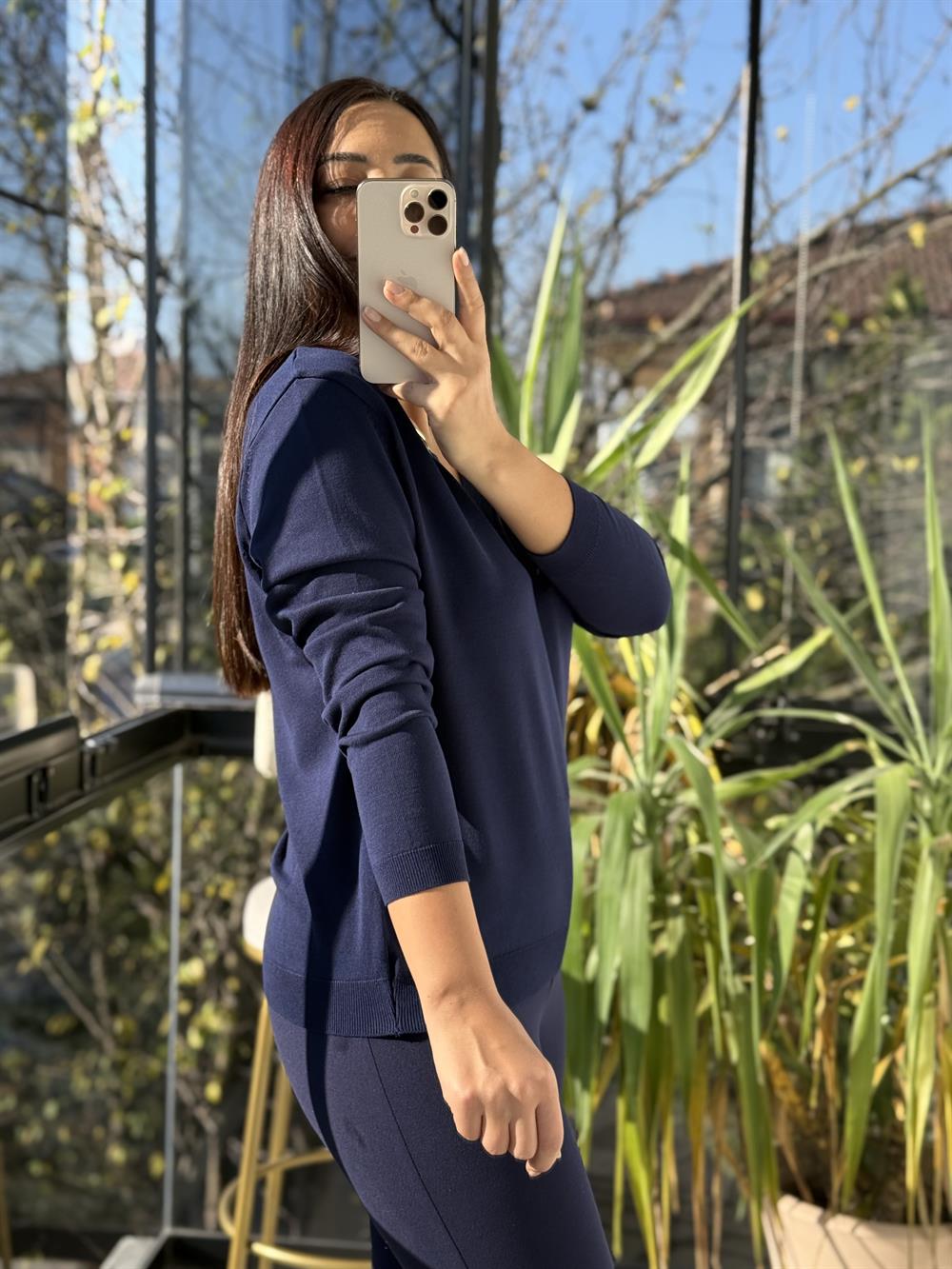 Aksesuar Yaka Detaylı Merserize Triko Lacivert