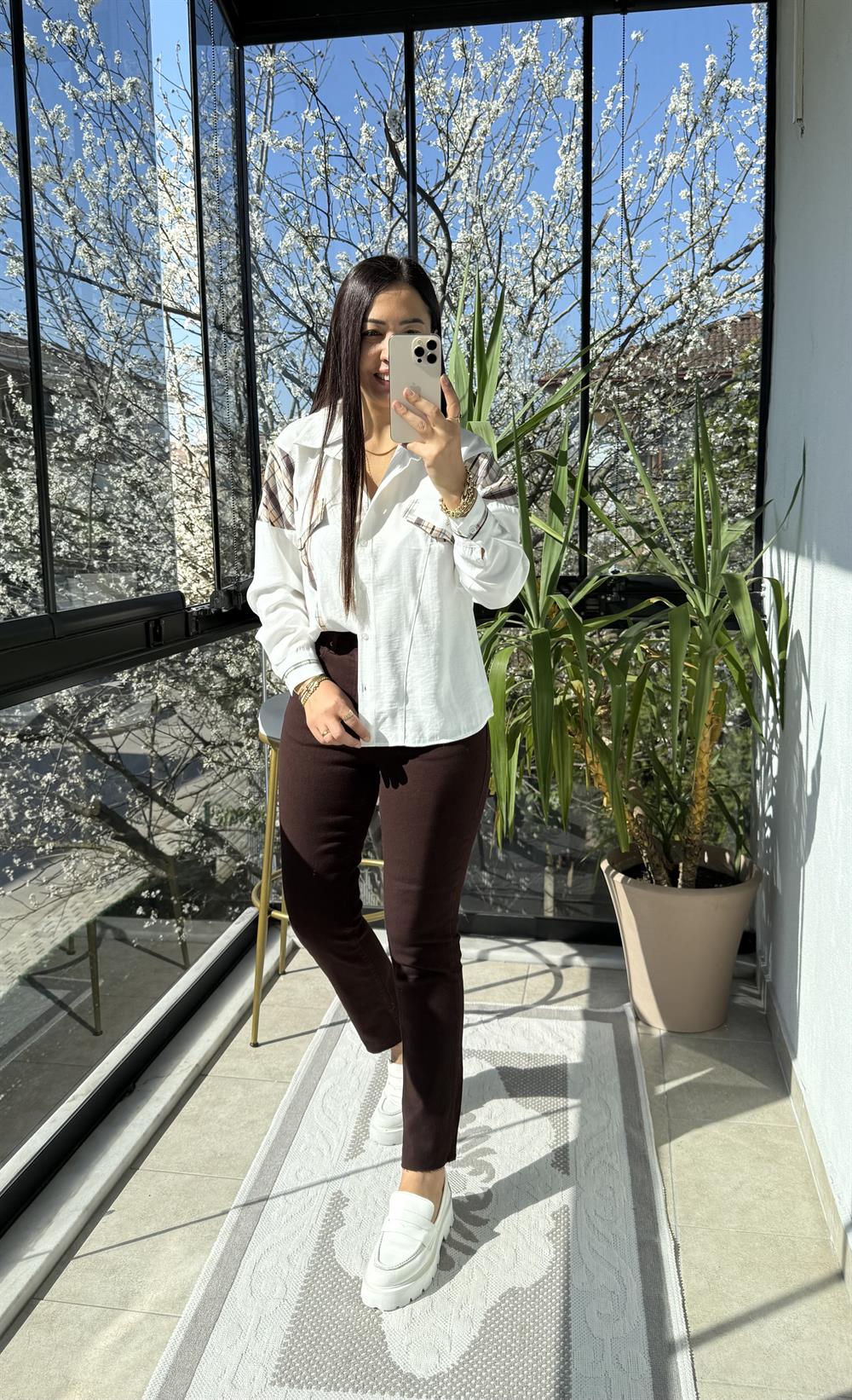 Ekose Garnili Gömlek Ekru