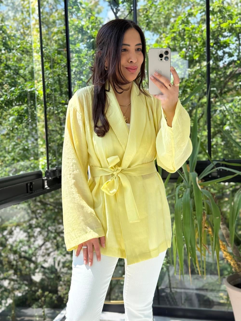 Kruvaze Yaka Bağlamalı Kimono Sarı