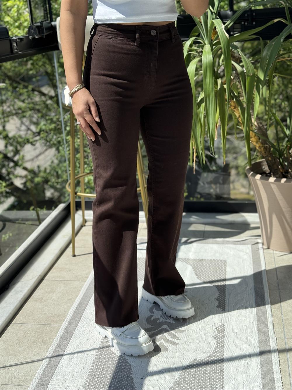 Dekoratif Cep Detaylı Palazzo Kot Pantolon Kahve