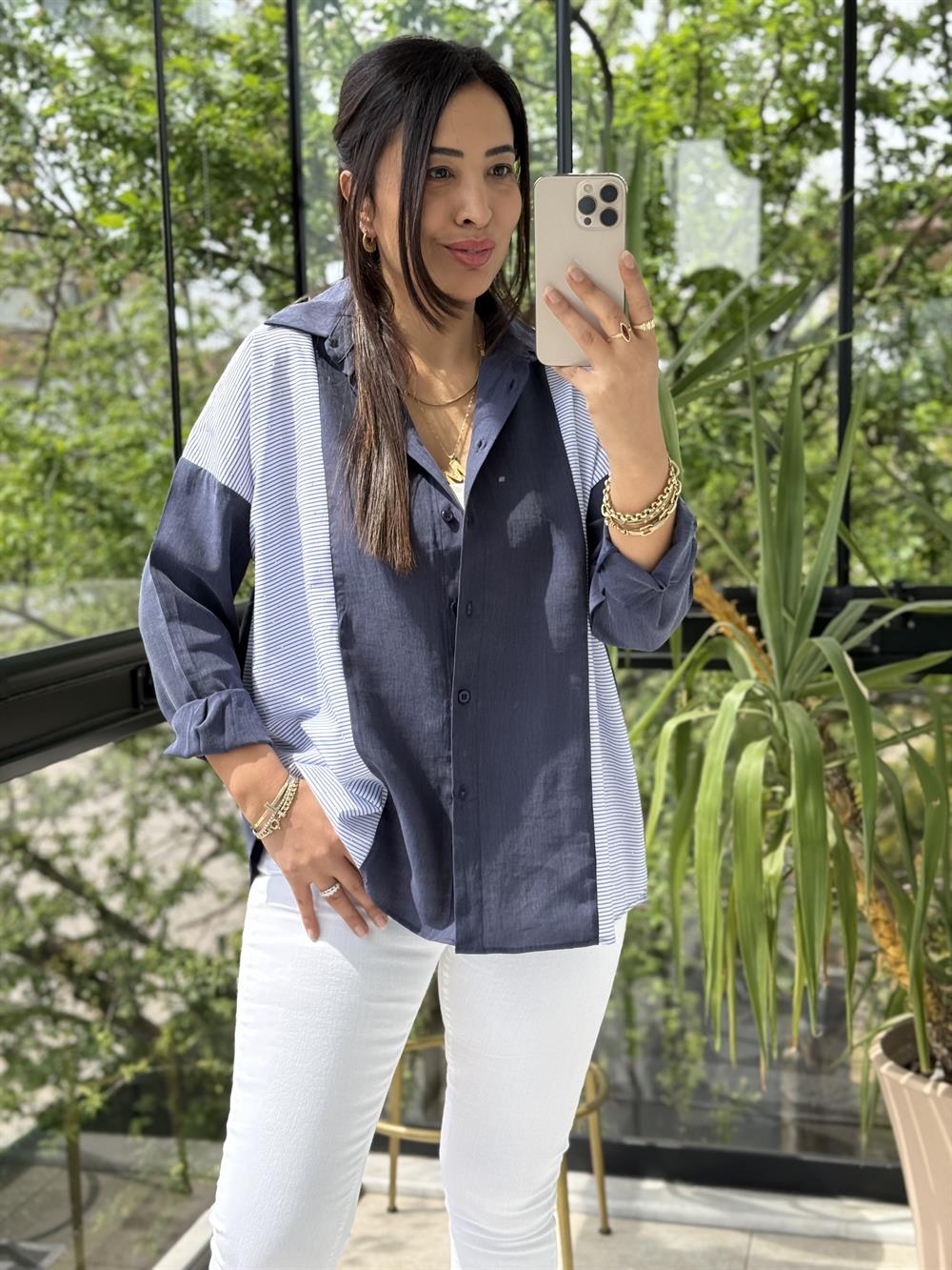 Mix Kumaş Taşlı Gömlek Lacivert