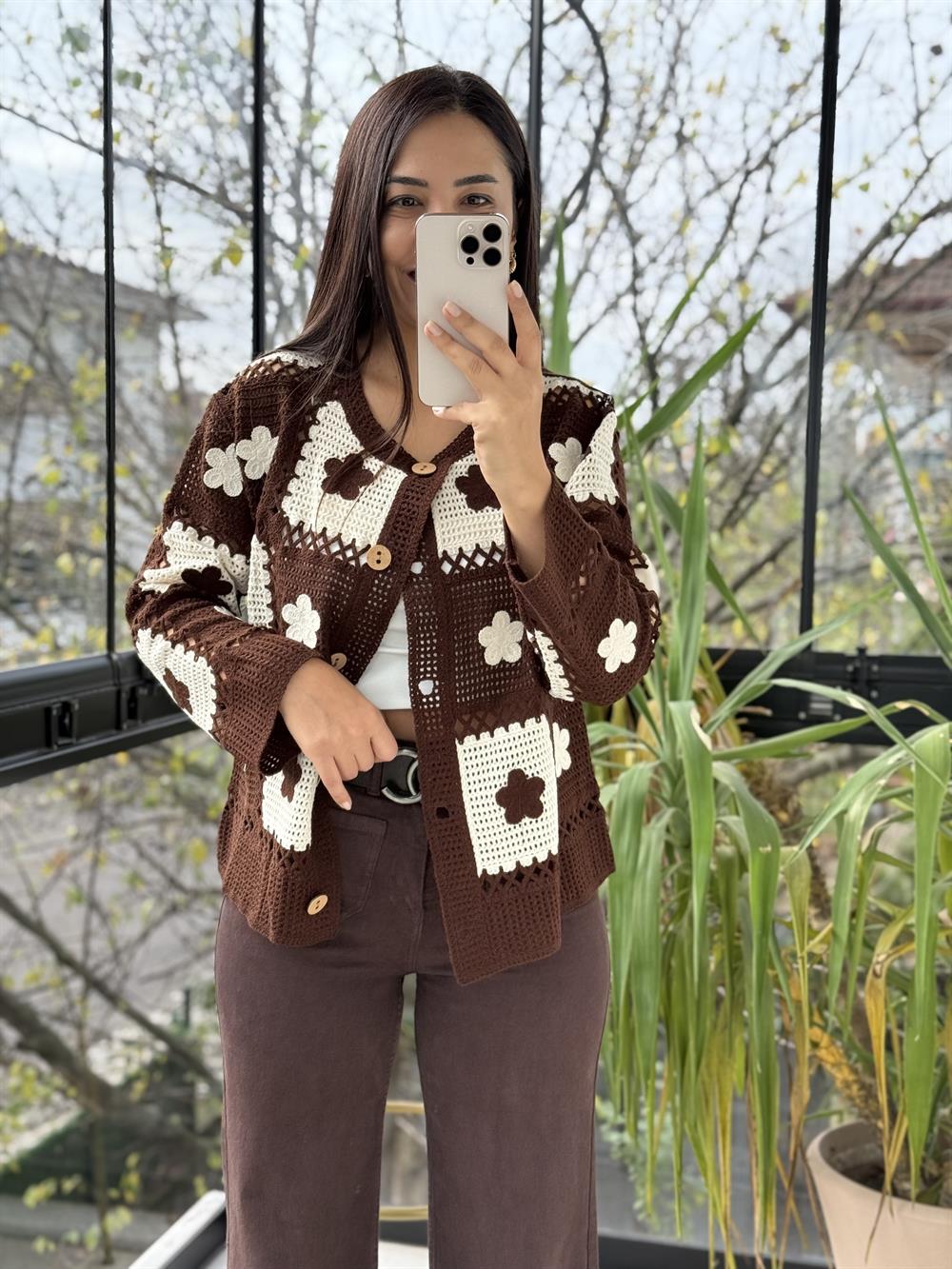 Kareli Örme Hırka Kahve