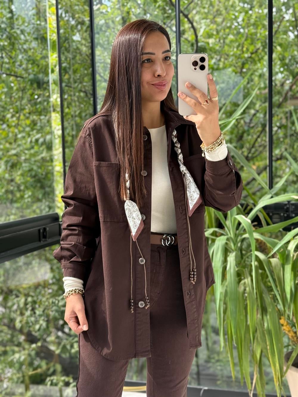 Düğmeli Oversize Gömlek Kahve