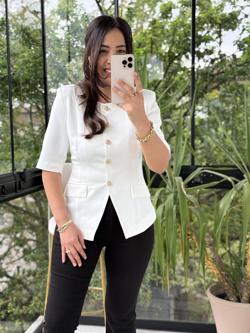 Slimfit Mini Gold Düğme Kısa Kol Blazer Beyaz