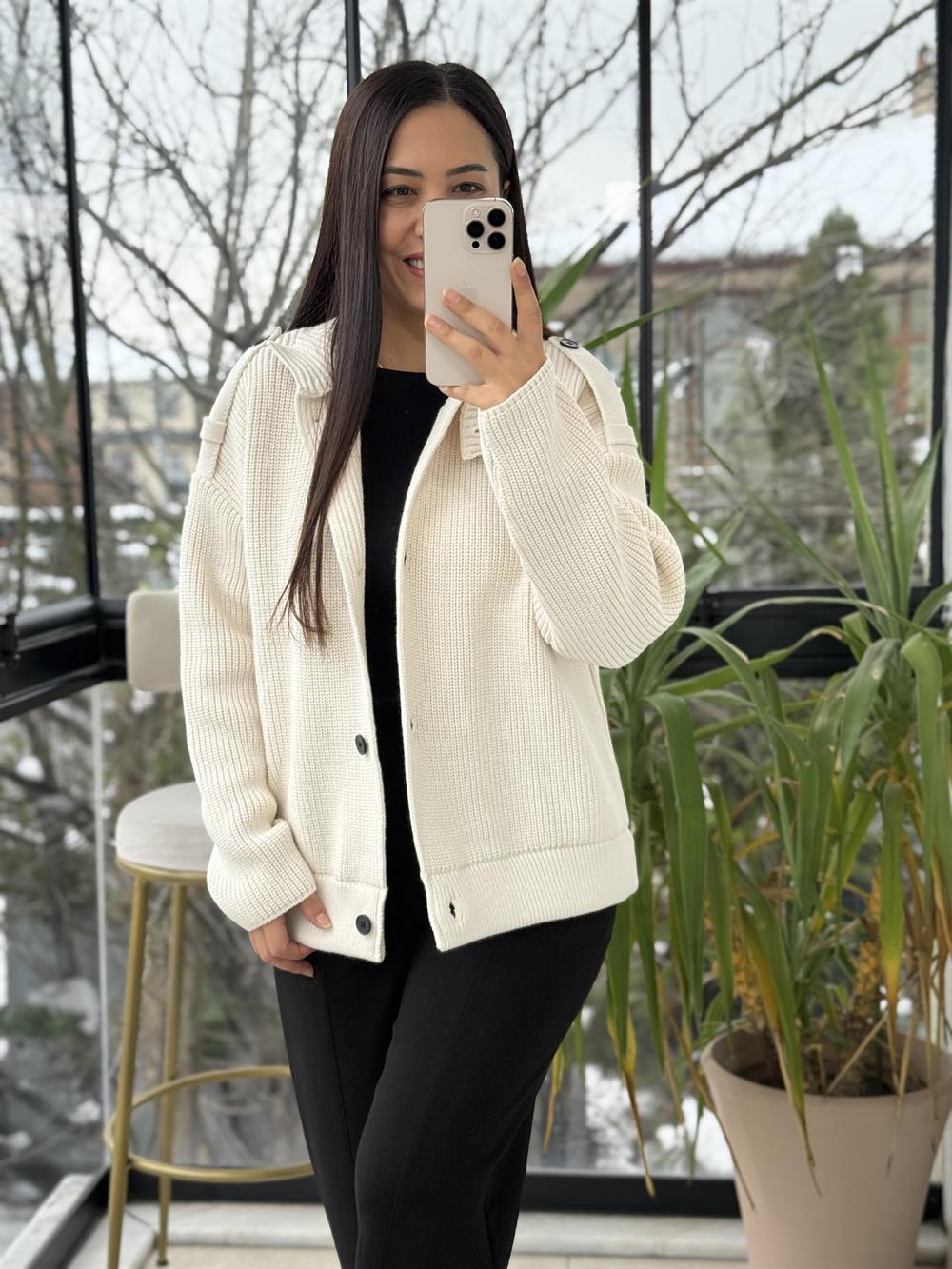 Düğmeli Selanik Örgü Ceket Hırka Krem