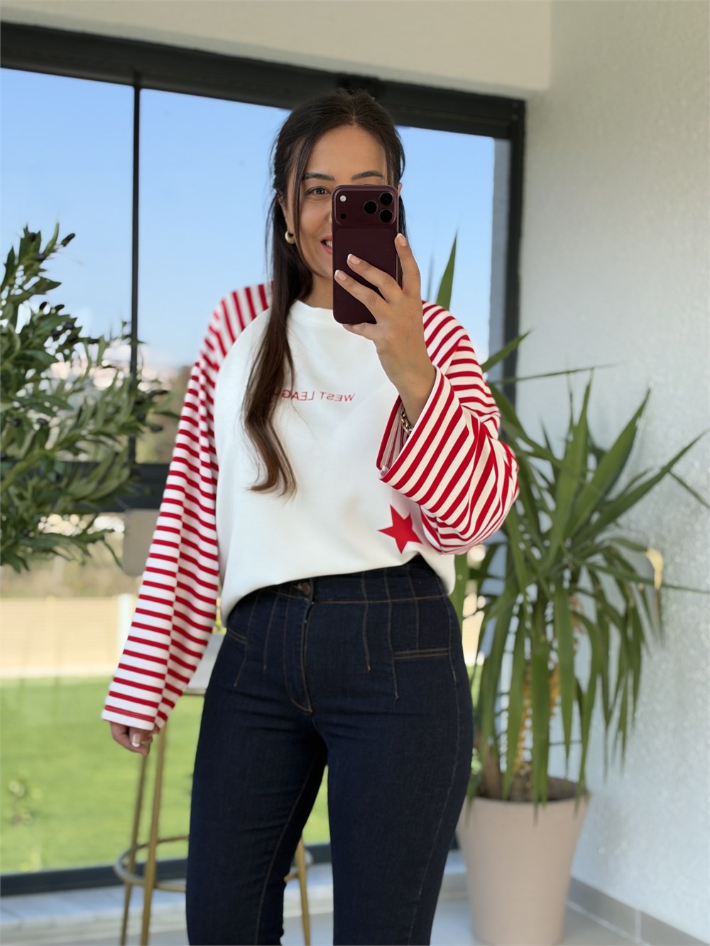 West League Çizgili Sweatshirt Kırmızı