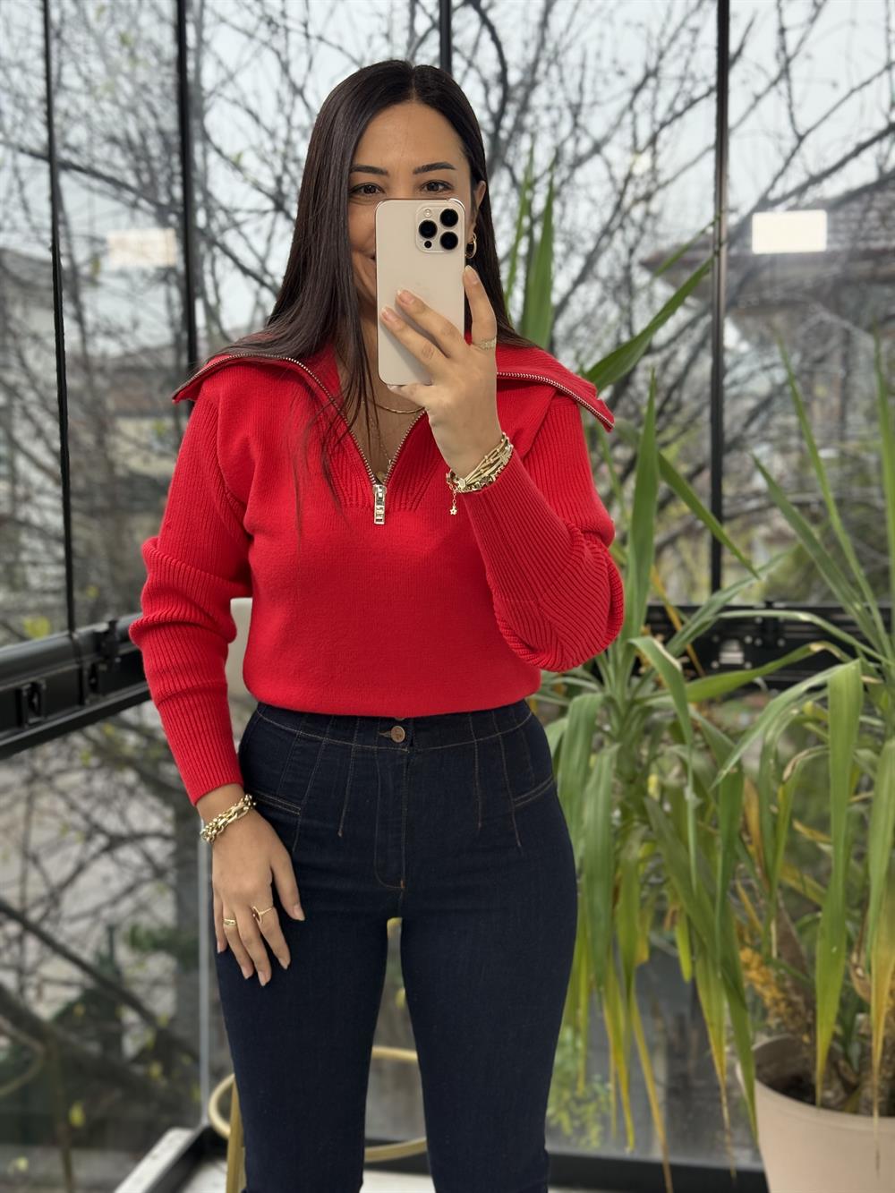 Fermuarlı Crop Triko Kazak Kırmızı