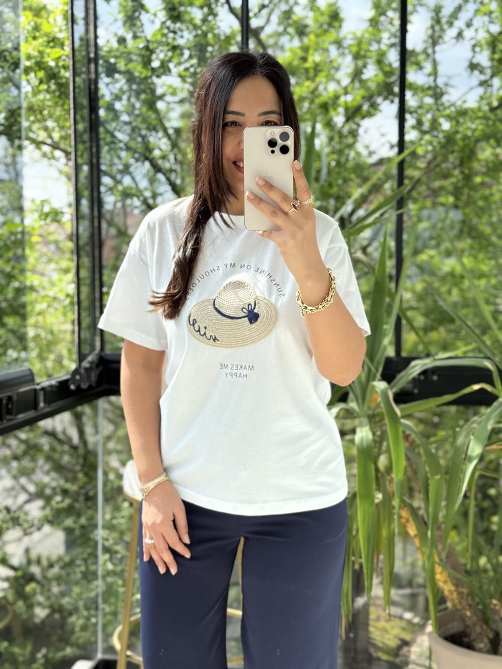 Hasır Şapkalı Tişört Ekru 