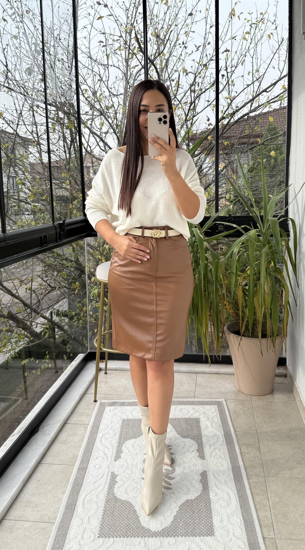 Orta Boy Deri Etek Kahve