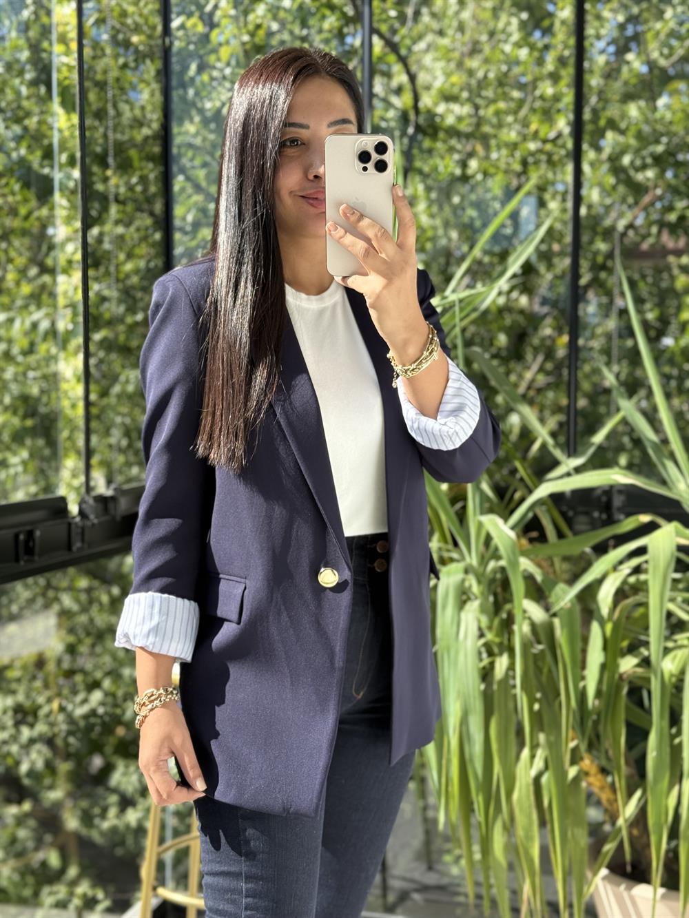 Kol Astarı Garnili Tek Düğme Blazer Ceket Lacivert