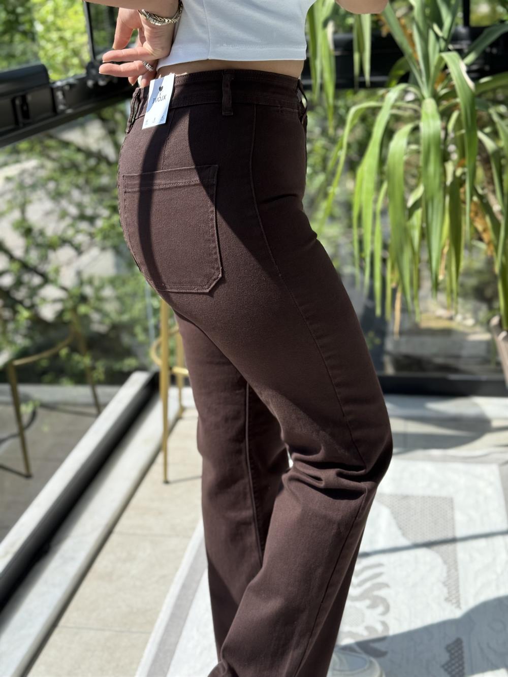 Dekoratif Cep Detaylı Palazzo Kot Pantolon Kahve