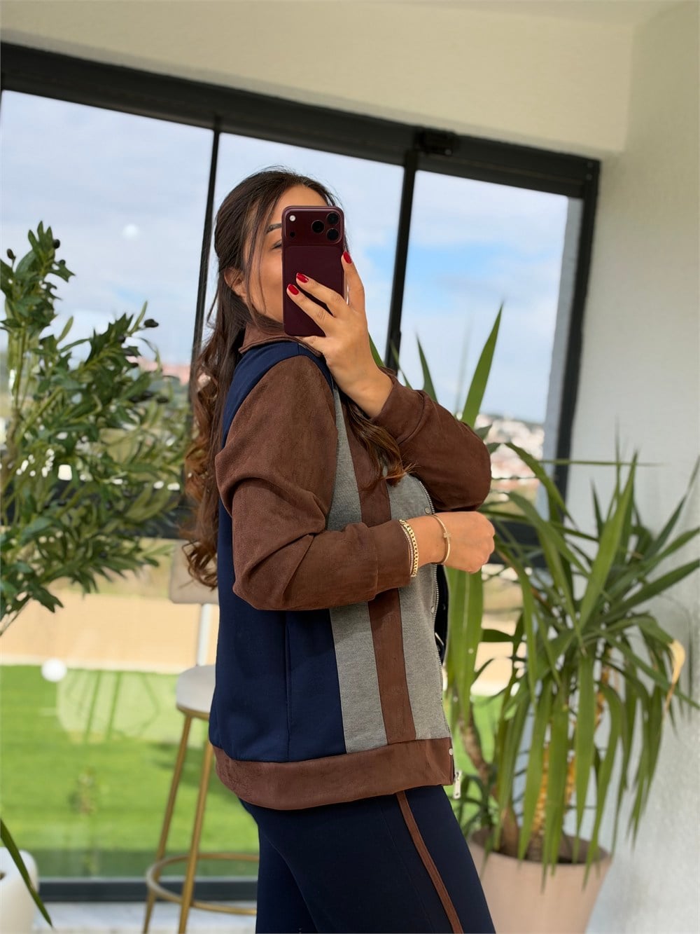 Süet Garnili Zımbalı Takım Lacivert