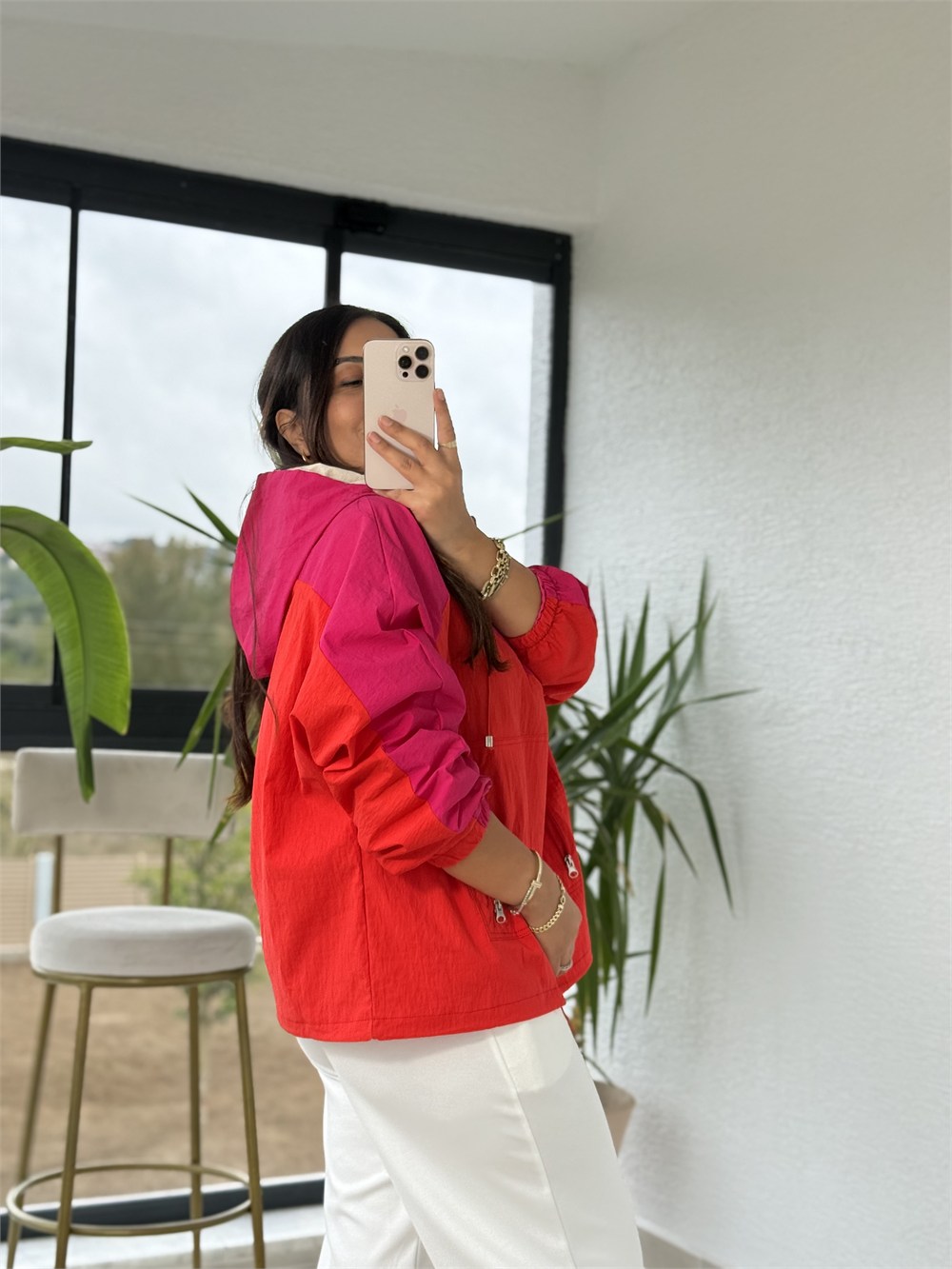 Renk Geçişli Fermuarlı Rüzgarlık Sweatshirt Pembe