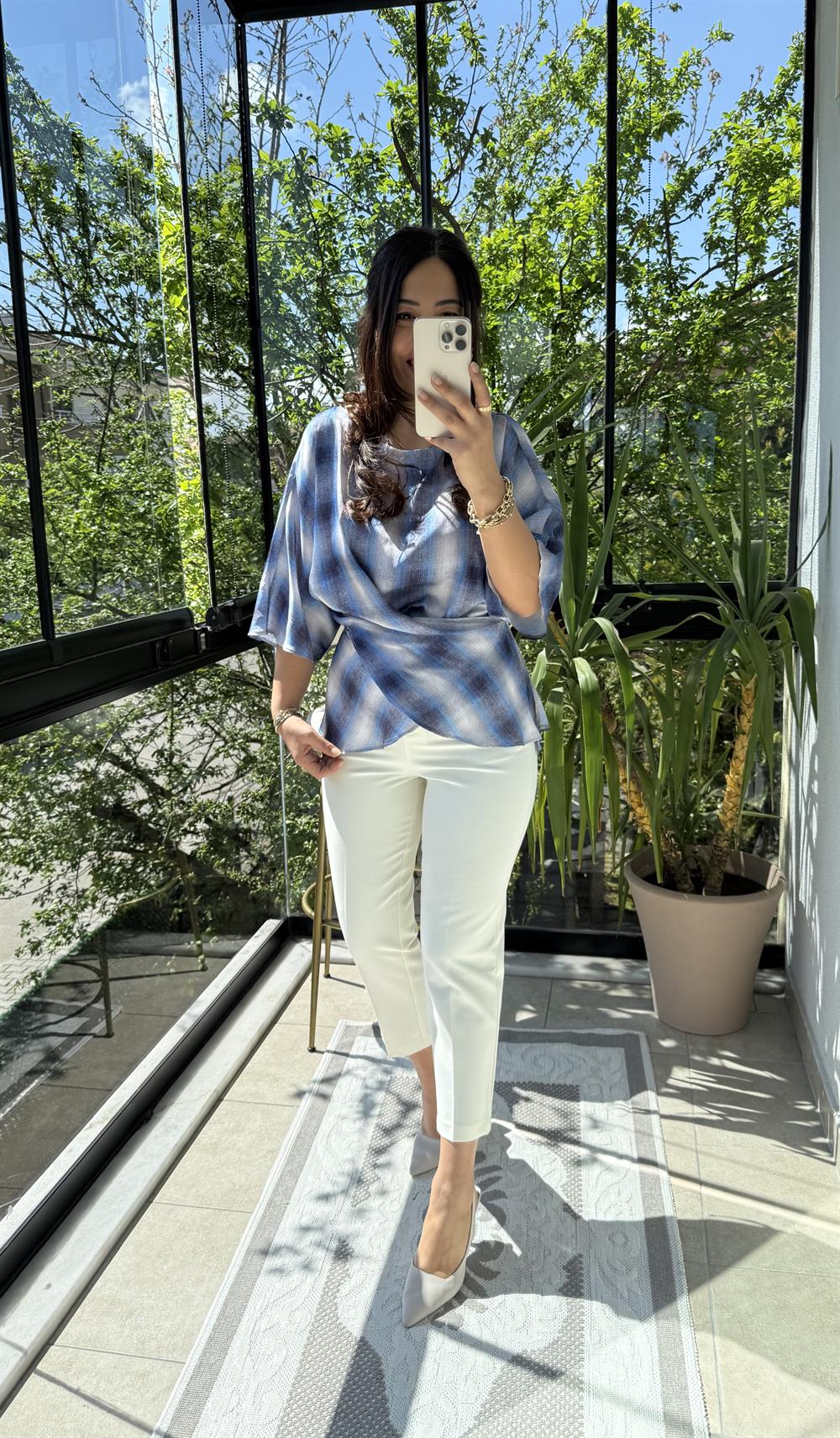 Bağcıklı Ekose Saten Bluz Mavi