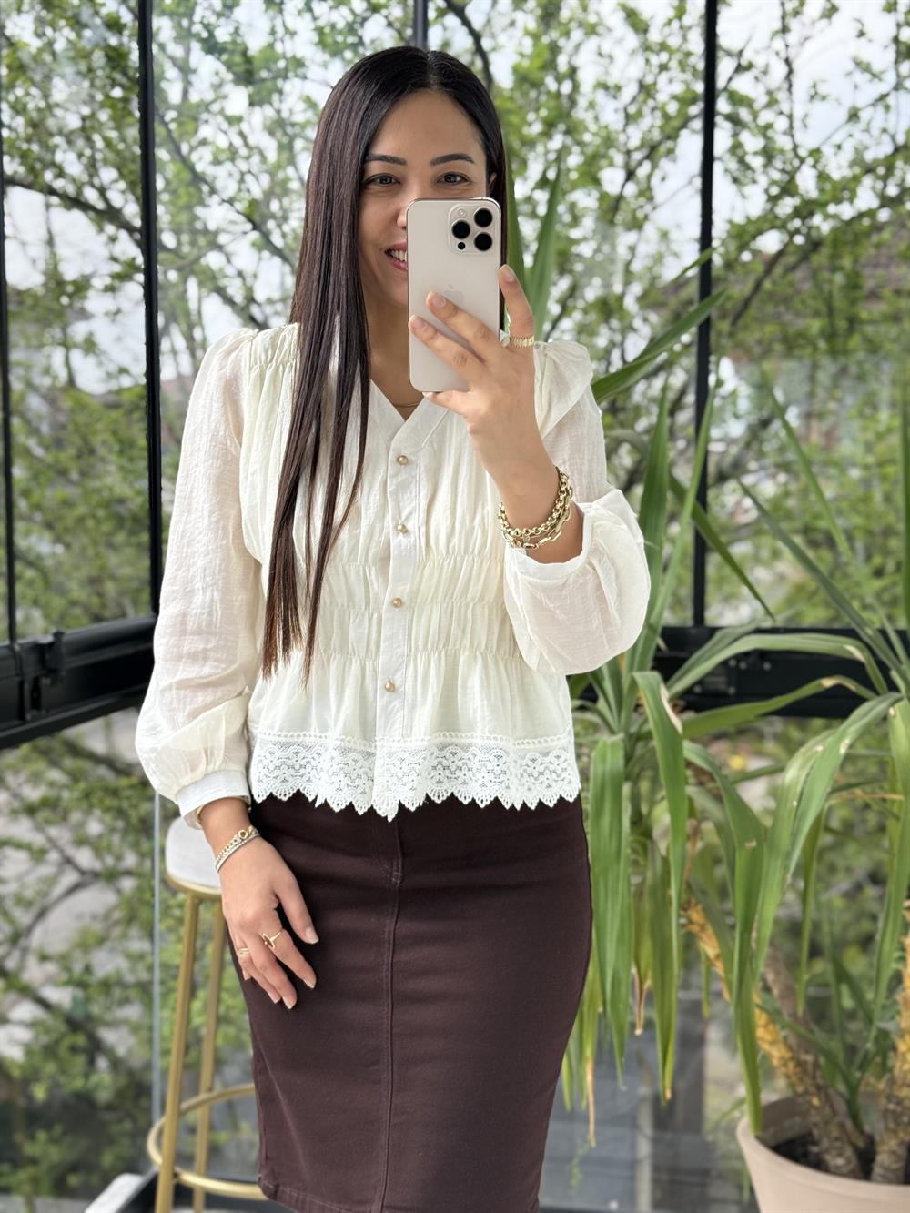 Dantel Rüya Gömlek Bluz Krem