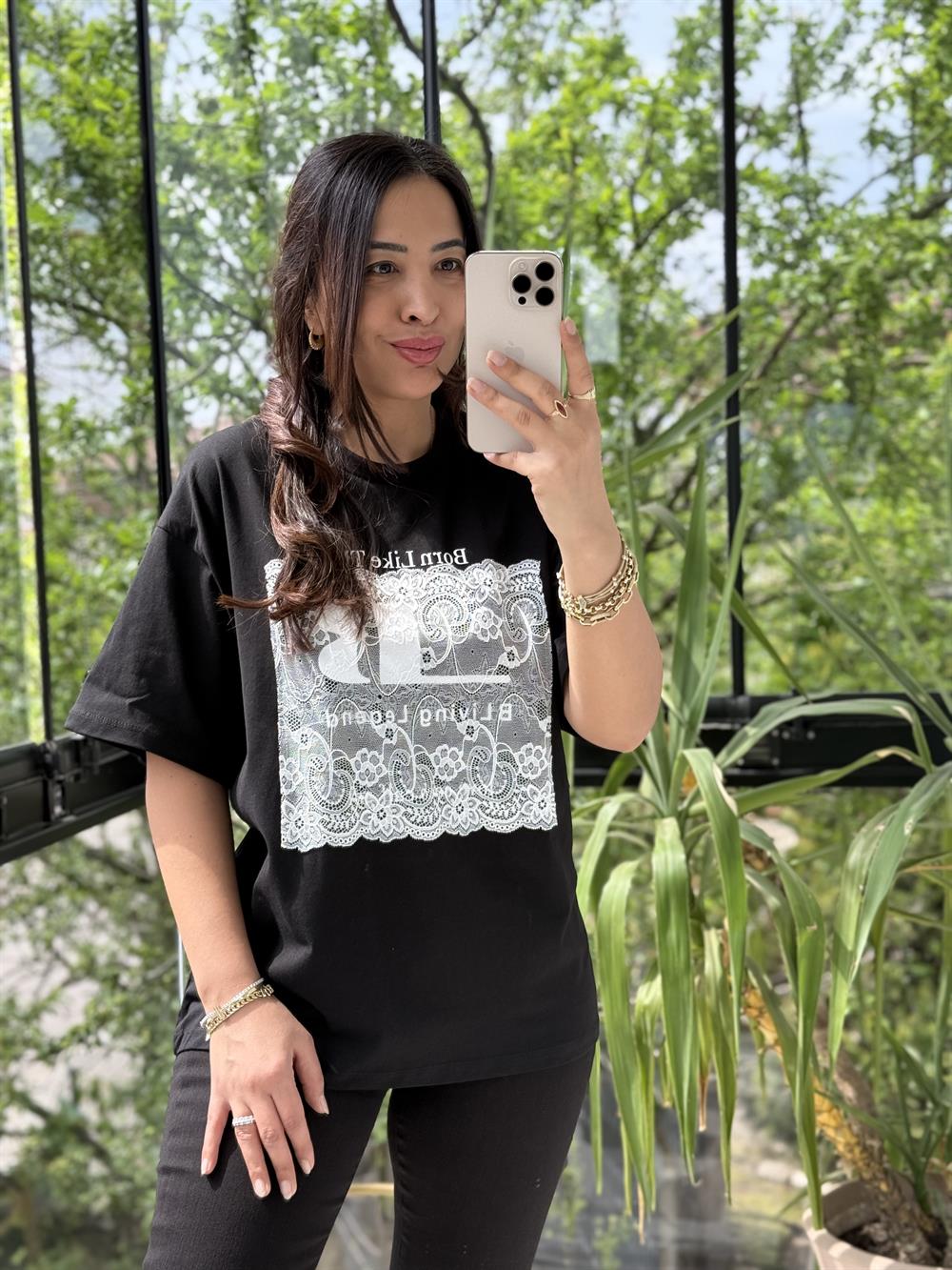 Tül Detaylı Yazılı Tişört Siyah