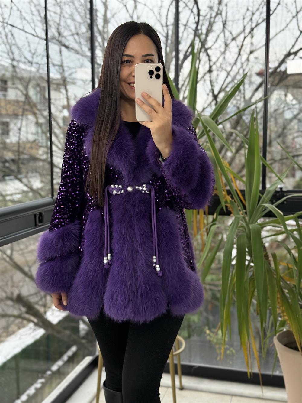 İthal Full payetli Kürk Mor