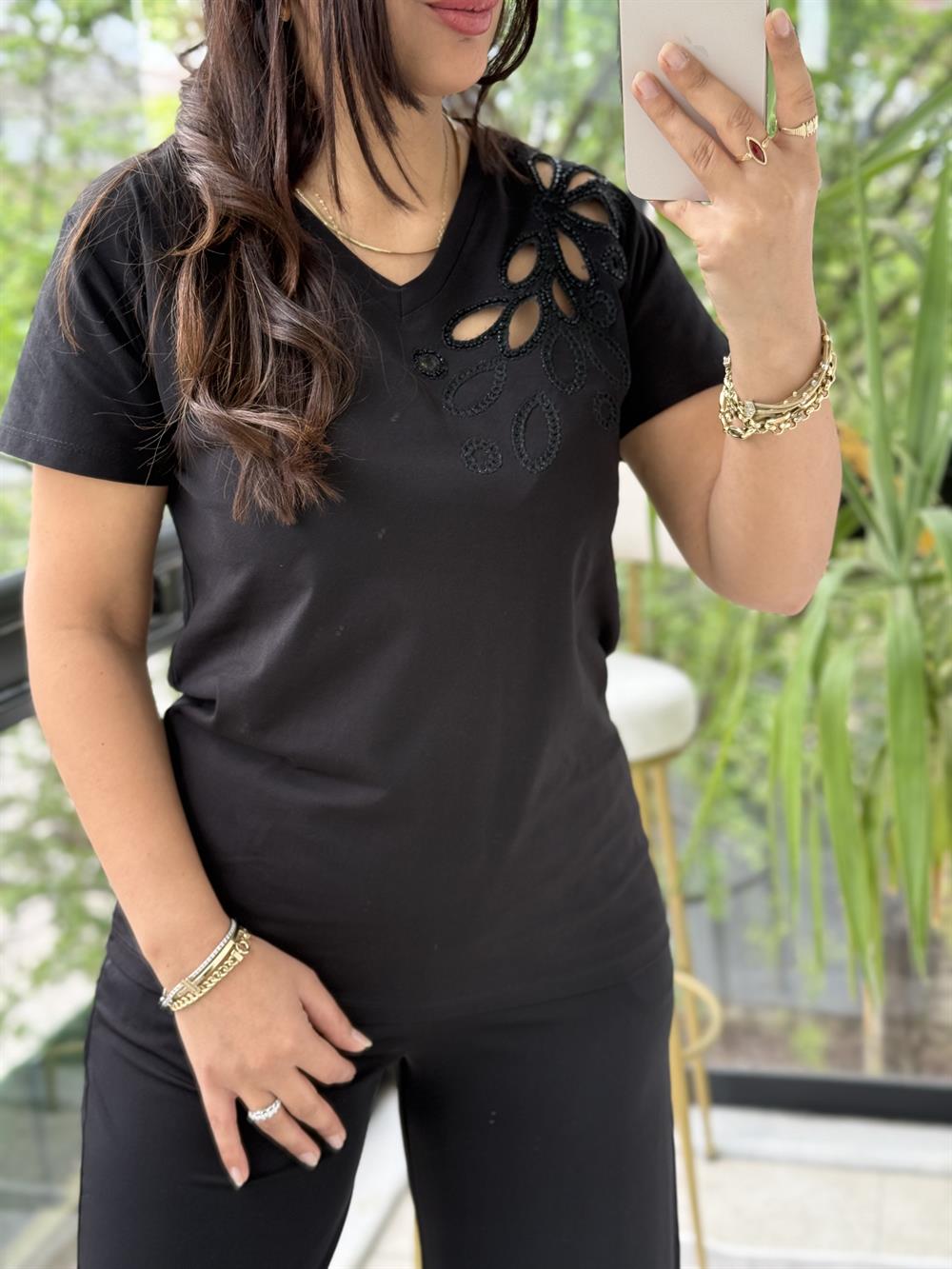 Tek Omzu Lazerli Boncuklu Siyah