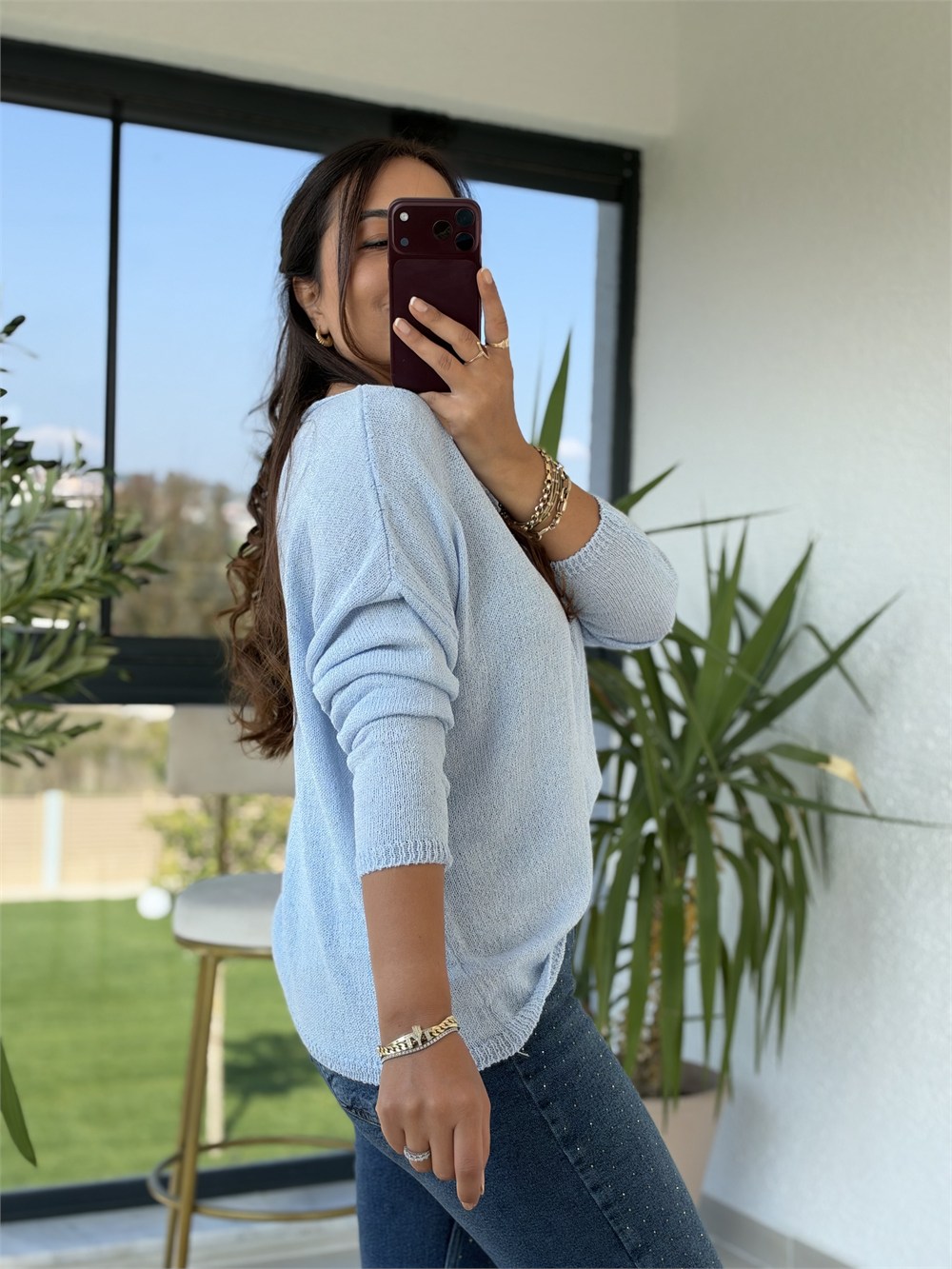 Kayık Yaka İnce Triko Bebe Mavi