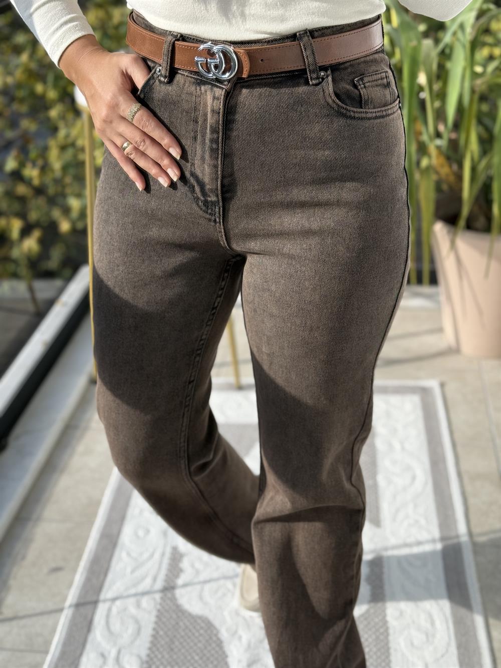 Bol Paça Relax Kot Pantolon Kahve Tintli