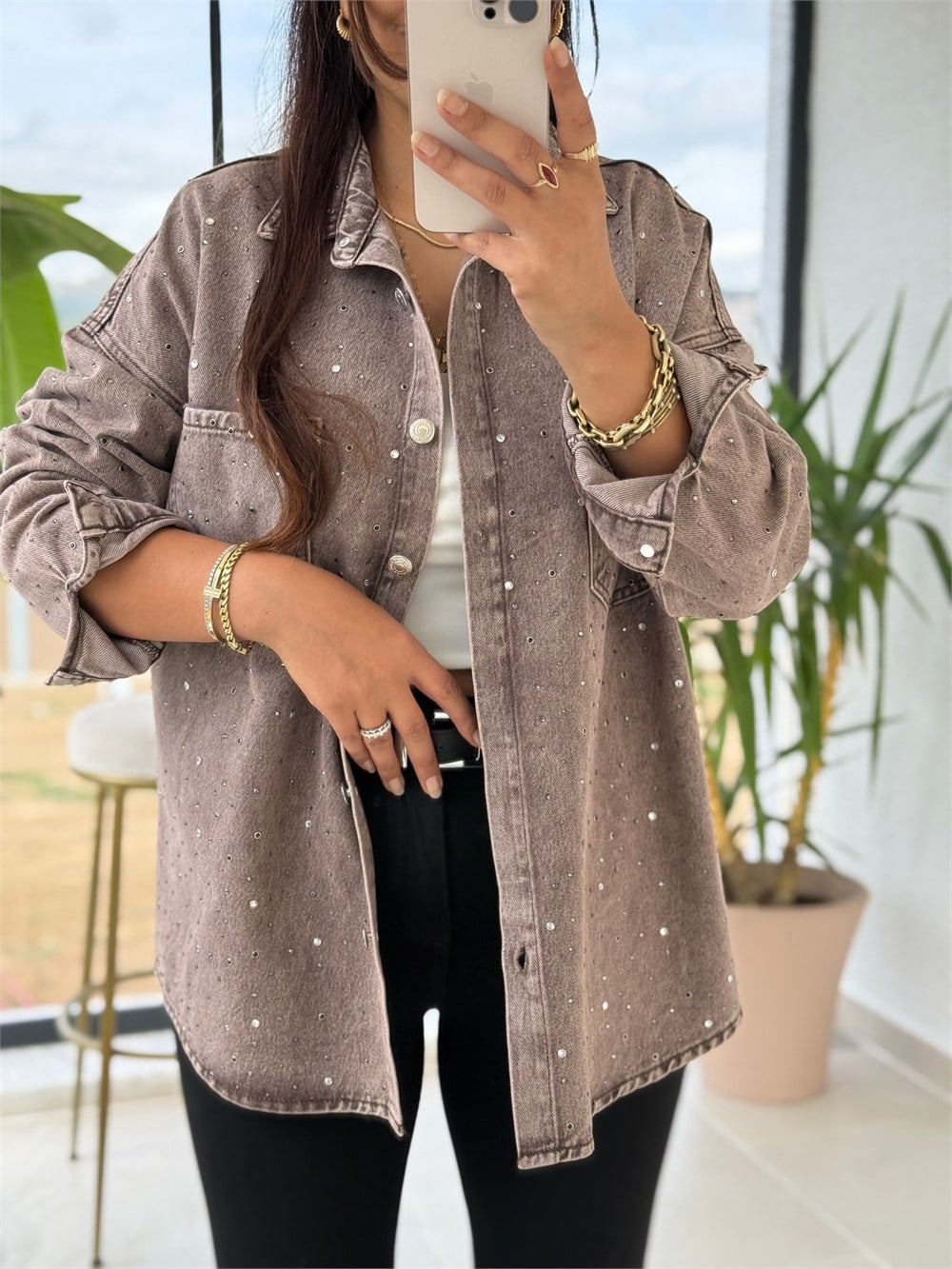 Zra Model Taşlı Denim Gömlek Vizon