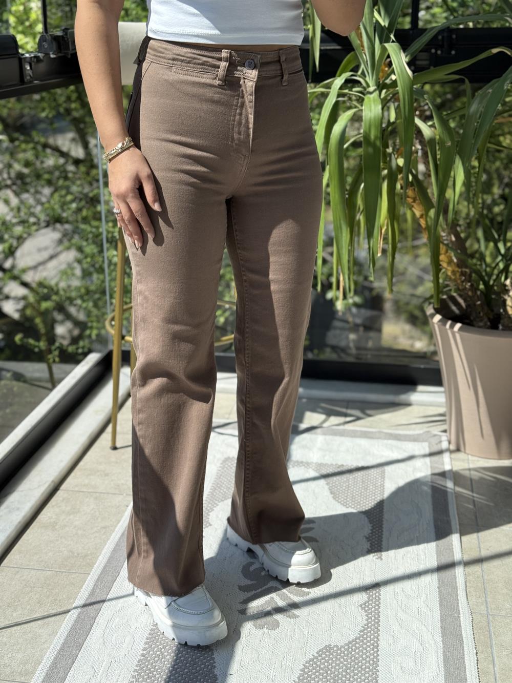 Dekoratif Cep Detaylı Palazzo Kot Pantolon Vizon (Toprak)